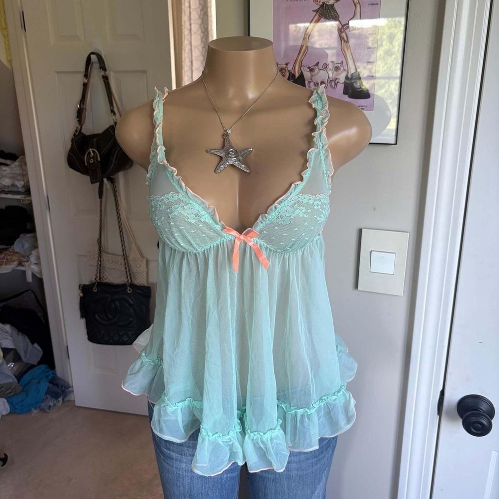 y2k 2000s Victoria's Secret mint sheer lace ruffle babydoll top